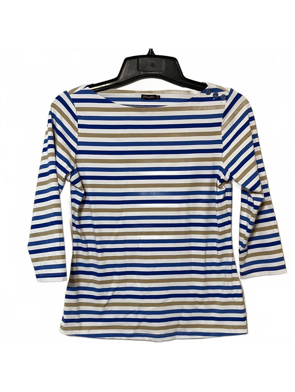 J. McLaughlin Coastal Preppy Navy Striped 3/4 Sleeve Resort Wear Shirt Small